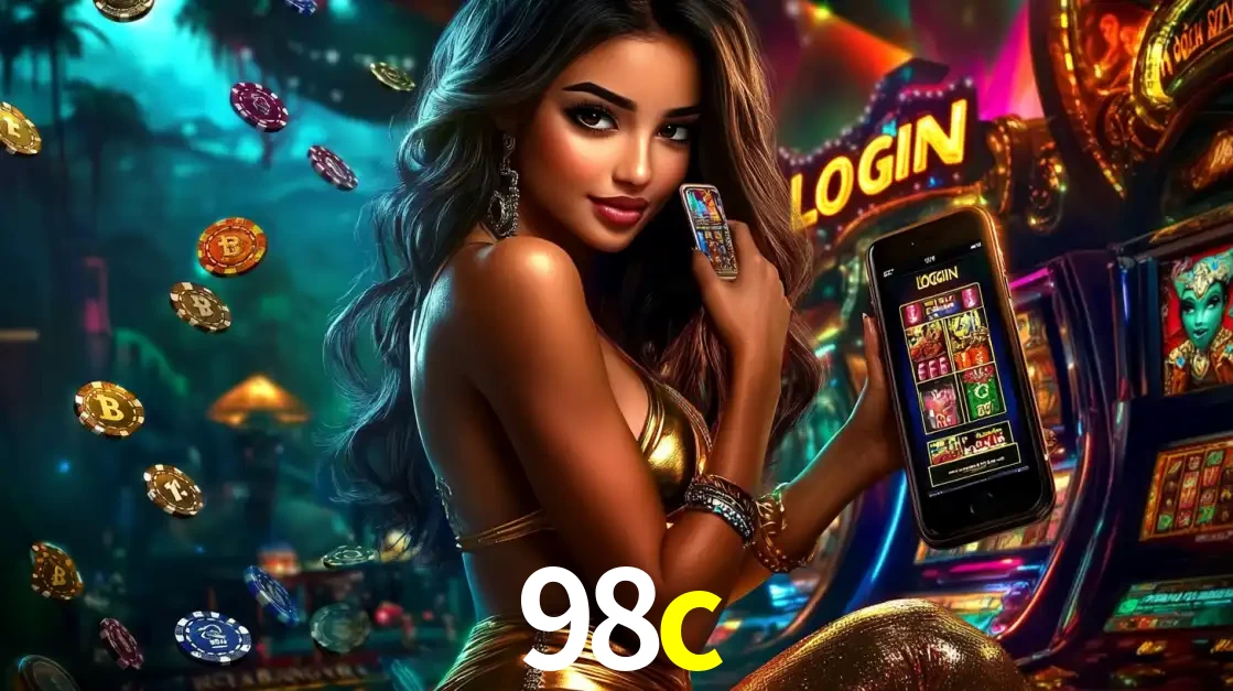 Mulher em um cenário de cassino temático de aventura, mostrando o app de caça-níqueis da 98c no celular. Fichas de apostas flutuam ao redor.