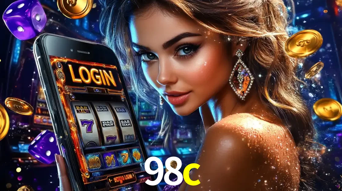 Mulher glamorosa segurando um smartphone com a tela de login para os jogos de caça-níqueis do cassino online 98c, com moedas de ouro e dados ao redor.
