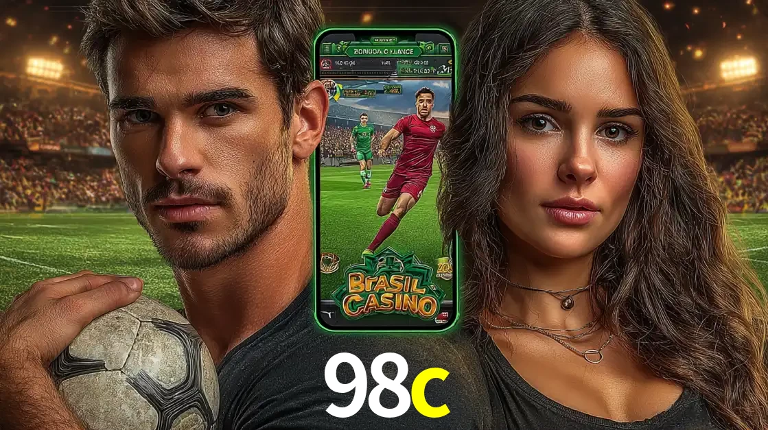 Homem segurando uma bola de futebol e uma mulher ao lado de um smartphone exibindo o jogo de apostas esportivas da 98c. Faça seu palpite no cassino online.